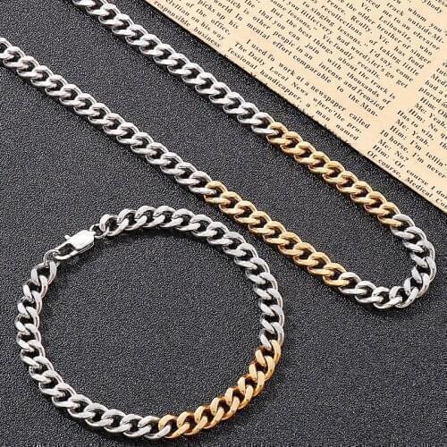 Hiphiop 7MM Cuban Link Curb Chain Necklace & Bracelet Set for Men Polished Golden Stainless Steel Mens Necklaces Bracelets Man