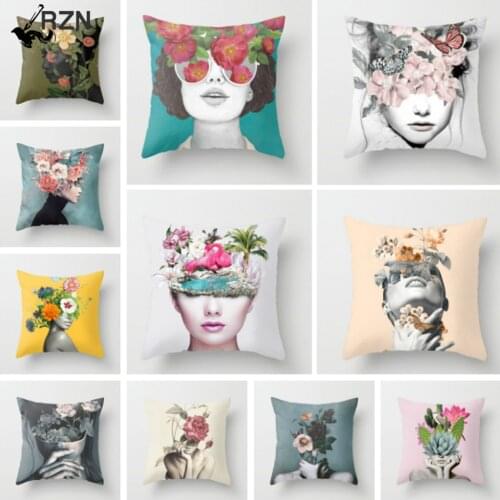 Flower Ladies Decorative Polyester Cushion Cover Sofa Abstract Art Portrait Pillow Cover Home Decoration Pillowcase 45x45cm