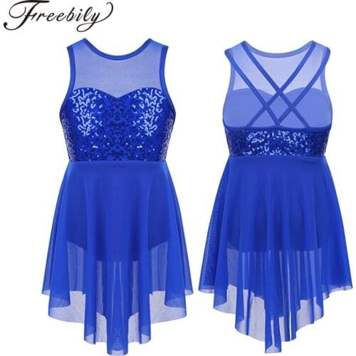 Kids Teens Sequins Figure Skating Dress Girls Sleeveless Asymmetrical Ballet Gymnastics Leotard Stage Lyrical Dance Costumes