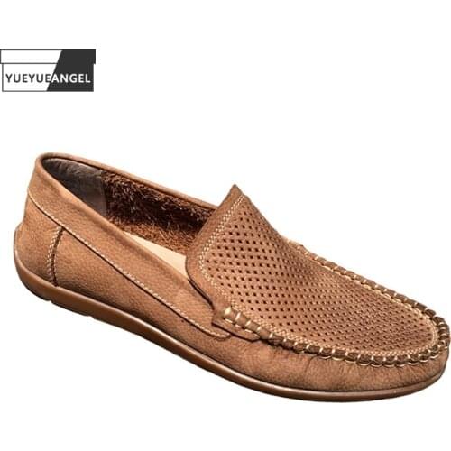 Breathable Hollow Out Genuine Leather Loafers Summer Mens Footwear Comfortable Soft Bottom Casual Shoes Men Slip-On Flat Shoes