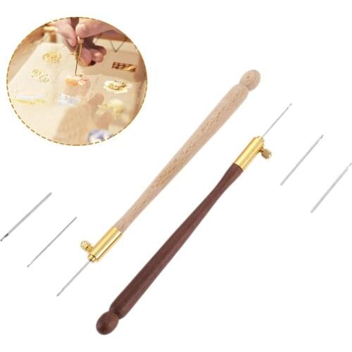 Hicello 4pcs/kit 110mm French Embroidery Needle Tambour Crochet Hook Wood Handle 3 Needles S Couture Luneville Glitter Bead Tool