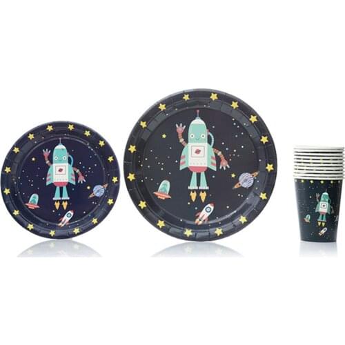 Cool Blue Space Rocket Planet Aircraft Happy Birthday Party Disposable Tableware Sets Plates Cups Baby Shower Party Supplies