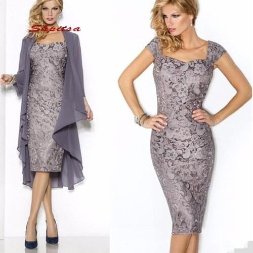 Lace Mother of the Bride Dresses for Weddings with Jacket Plus Size Party Dinner Knee Length Evening Godmother Groom Dresses