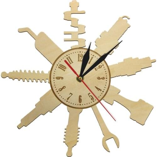 Mechanic Tools Tire Wrench Wall Clock Watch Vintage Tools Car Service Garage Decorative Silent Non-ticking Wall Wooden Clock