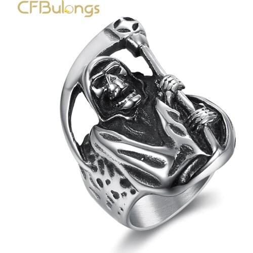 CFBulongs Retro Punk Mens Death Skull Ring High Quality Stainless Steel Hip Hop Rock Halloween Mens Jewelry Party Gift