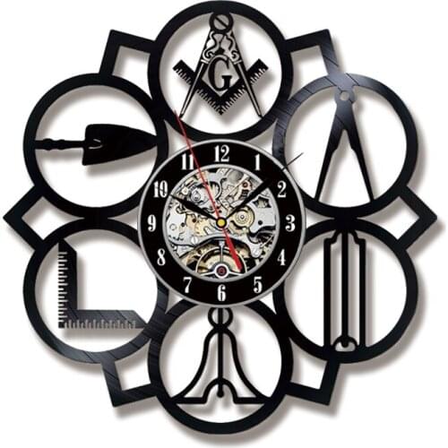 Masonic Free Mason Logo Vinyl Record Wall Clock Vintage Home Decor Wall Art Hanging Watch Silent Quartz Movement LED Night Light