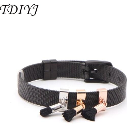 TDIYJ Newest Black Tassel DIY Bracelet Collection Stainless Steel Mesh Keeper Slide Charms Bracelet 1Set