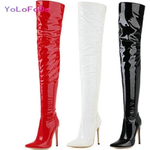 2021 Autumn Winter Over the Knee Boots Patent PU Leather Side Zipper Ladies Thigh Boots Sexy Pointed Toe Thin High Heel Boots