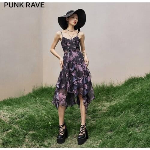 PUNK RAVE Girls Gentle Sweet Style Floral Sling Asymmetrical Suspender Dress French V-neck Sexy Thin Women Long Dress Summer