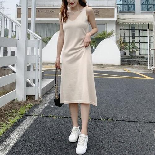 OUMENGKA Women Spring Summer Knee-Length Dress Knitted Elastic Sleeveless Elegant Women Sexy V-Neck Party Loose Dresses