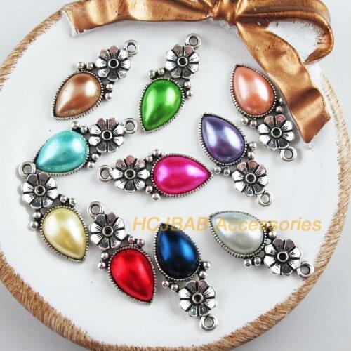 10 New Teardrop Charms Tibetan Silver Tone Retro Mixed Acrylic Pendants 13x28.5mm