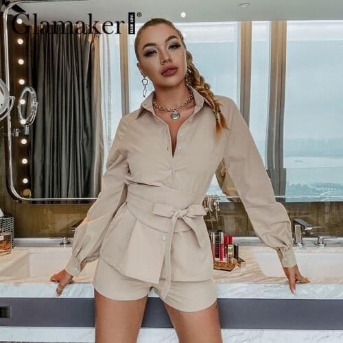 Glamaker Casual 2 piece suits women autumn blouse shirt with girdle and shorts Office ladies long Lantern sleeve sets overalls