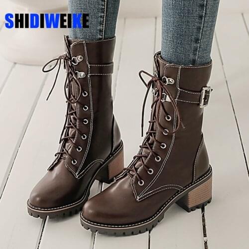 Casual Round Head mid-calf Boots Lace-up Rivet Platform Black Green Yellow Brown High Heels Thick Riding Boots Womens Shoes
