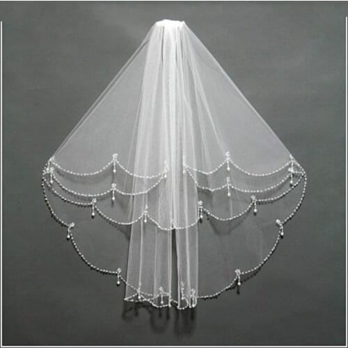 Real photos Beading Edge Wedding Bridal Veil White Ivory Bride Veils Two Layers Elbow Length Veil