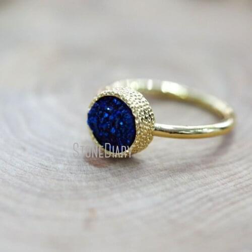 RM6368 10Pcs Fashion Copper Ring Titanium Blue Druzy Crystal Gold Color Round Shape Ring 6-8