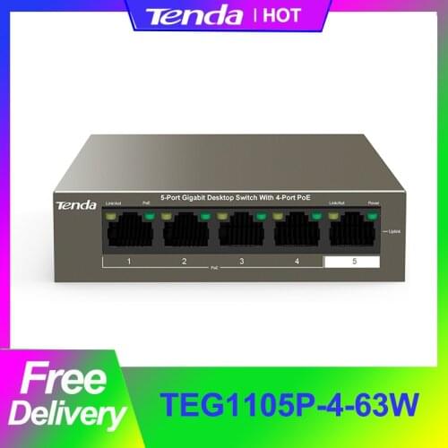 Tenda TEG1105P-4-63W POE network Switch Gigabit Switch ethernet 5 *10/100/1000Mbps RJ45 Port 10Gbps Switching Capacity Plug Play