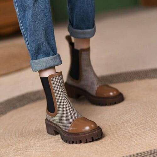 New Fall Shoes Women Platform Heels Split leather Cotton Fabric Short Boots Round Toe Platform Boots 2021 Winter Boots for Women