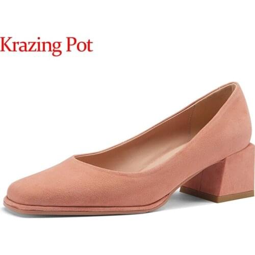 Krazing Pot new sheep suede square toe high heels concise style beauty lady dating slip on three colors fashion women pumps L72