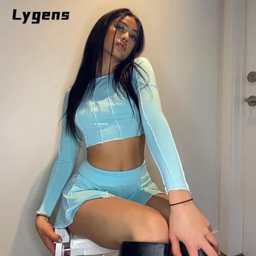 Lygens 2021 Summer Women Patchwork 2 Piece Set Long Sleeve Crop Top High Waist Skater Skirt Streetwear Casual Club Tracksuit