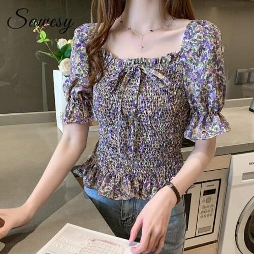Off Shoulder Top Korean Women Summer Puff Short Sleeve Floral Pleated Peplum Top Pink Purple Blouse