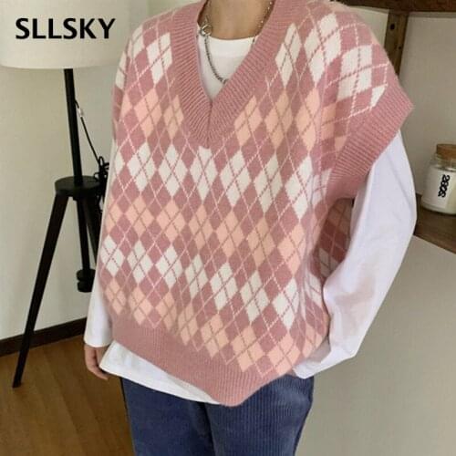 SLLSKY College Style Plaid Women Vest Casual Knitted Female Pullover Tank V-Neck Sleeveless Autumn All-match Sweater Vest Tops