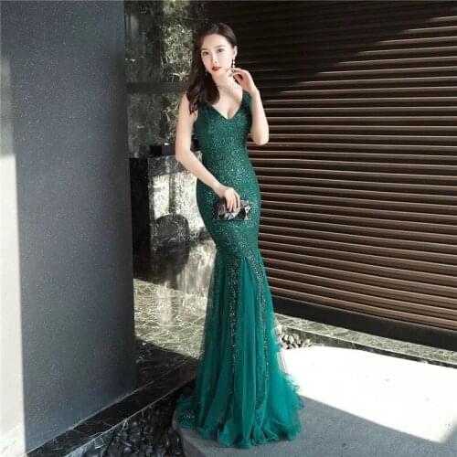 Big Size V Neck Mermaid Cocktail Dress Long Formal Prom Party Gown Sequins Sleeveless Robe De Soriee Sexy Vestido De Festa
