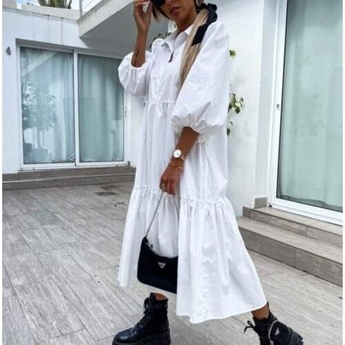 Minimalist Solid Dress For Women Lapel Puff Half Sleeve Loose Waist Ruched A Line Midi Dresses Female Summer 2021 Style A183