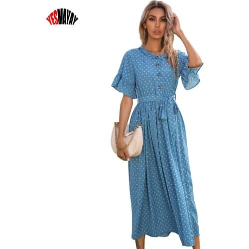 Ruffles Polka Dot Print A-line Dress Women Summer Lace Up Long Maxi Dresses Elegant Office Lady Evening Party Dresses Robe 2021