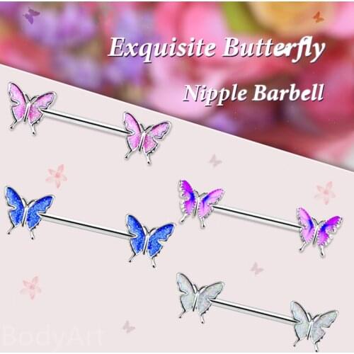 1Pair Surgical Steel Bufferfly Nipple Piercing Jewelry 14GSexy Glitter Nipple Ring Set Pink crystal Nipple Barbell Body Piercing