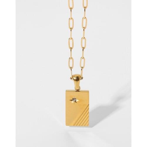 18K Gold Plated Stainless Steel Rectangle Star Power Stripe Heart Pendant Necklace For Women Party Jewelry Accessories