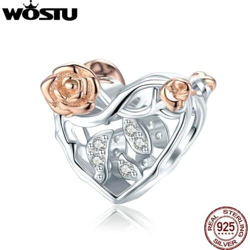 WOSTU 925 Sterling Silver Heart with Roses Heart Zirconia Beads Fit Original Charms Bracelet Bead Jewelry making