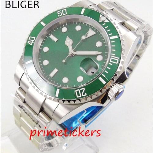 Green dial BLIGER automatic mens watch 40mm date sapphire glass ceramic bezel stainless steel strap