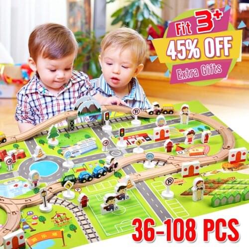 DIY Wooden Train Track 36-108 PCS Traffic Set Magnetic Car Model Slot Puzzles Wooden Railway Early Educational Toy For Children