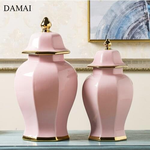 European Simple Ceramic Vase Gold Inlay Pink Desktop Flower Vases Desk Plant Pots Decorative Living Room Decoration Ornaments