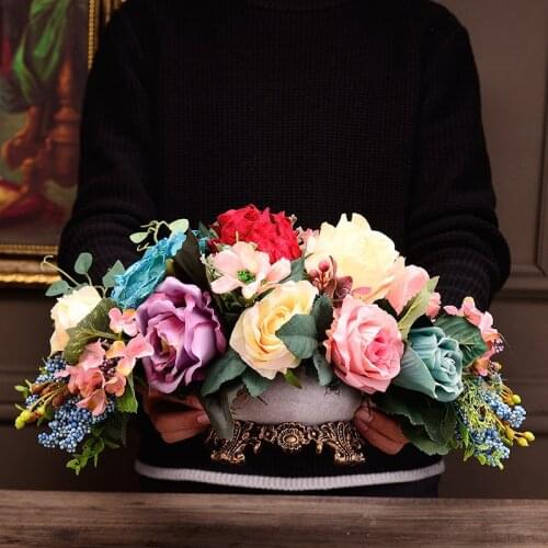 European Retro Ceramic Vase Simulation Rose Flower Arrangement Accessories Home Livingroom Table Furnishings Decorations Crafts