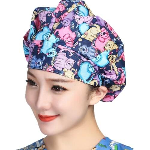 Cartoon Printed Scrubs Hats Cotton Sweatband Bouffant Caps Bandage Adjustable Work Wear Hats Accessories Women Men Working Caps