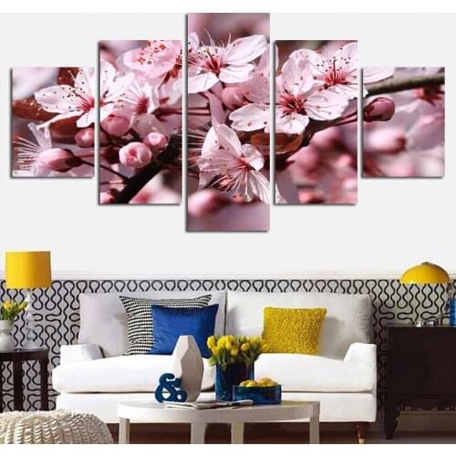 Home Decor Pictures HD Prints 5 Pieces Peach Blossoms Landscape Painting Wall Art Canvas Flowers Poster Modular(No Frame)