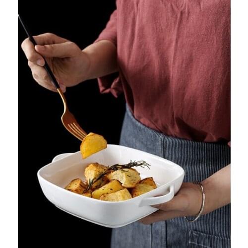 Nordic Ceramic square glazed Ovenware Baking Dish Double-Eared with lid household oven microwave Pans Baking Tray Kitchen