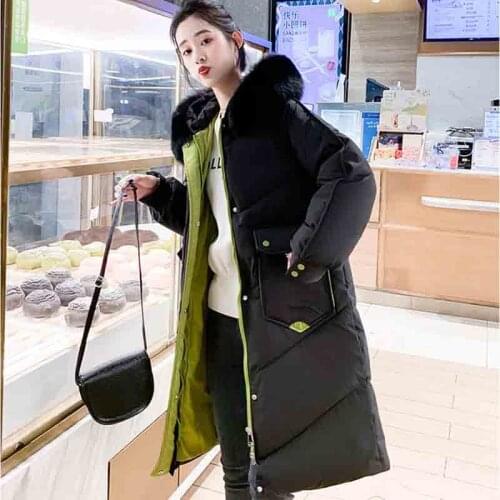 Contrasting Color Faux Big Fur Collar Down Cotton Jacket Women 2021 New Korean Loose Thick Long Hooded Winter Jackets e286