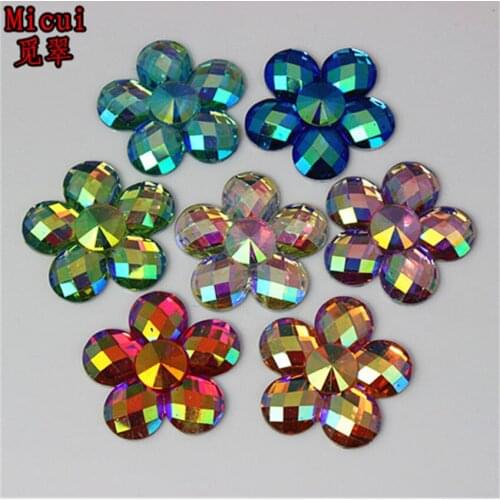Micui 20pcs 30mm AB Color Resin Rhinestones Flat Back Flower Button For Clothes Dress Crafts Garment decoration ZZ526