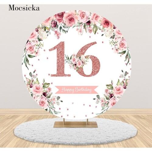 Mocsicka Glitter Sweet 16 Happy Birthday Round Backdrop Pink Flowers Polka Dots Girl Birthday Party Photo Background Table Cover