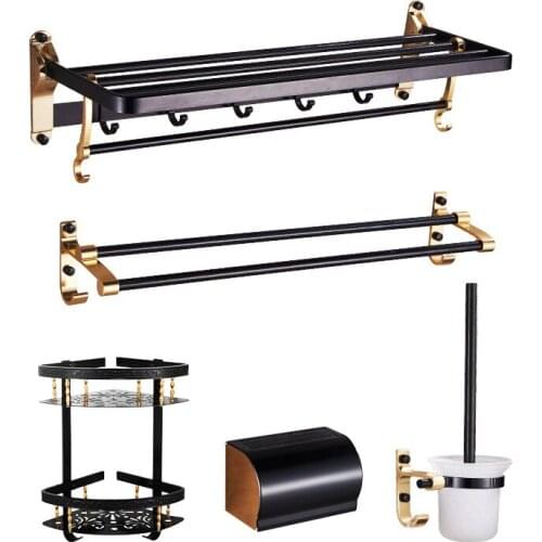 Black & Gold Bathroom Hardware Set Paper Holder Towel Bar Robe Hooks Toilet Brush Holders Shelves Bathroom Accessories