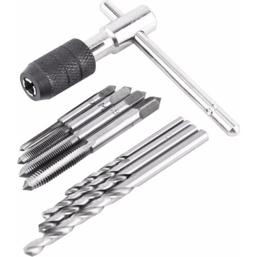 9Pcs M3 M4 M5 M6 Tap Wrench Set Hand Tapping Tool Kit Metric Thread Screw Taps T Shape Wrench Twist Drill Bit Woodworking Tools