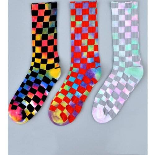New Fashion Tie Dye Plaid Mens Socks Cotton Colorful Vortex Fluorescence Hip Hop Skateboard Funny Happy Harajuku Happy Sokken