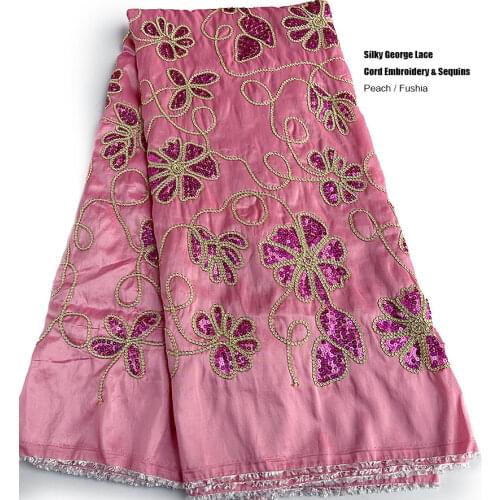 Very Soft Peach Fushia pink cord embroidery George lace 5 yards African Swiss fabric with big sequins