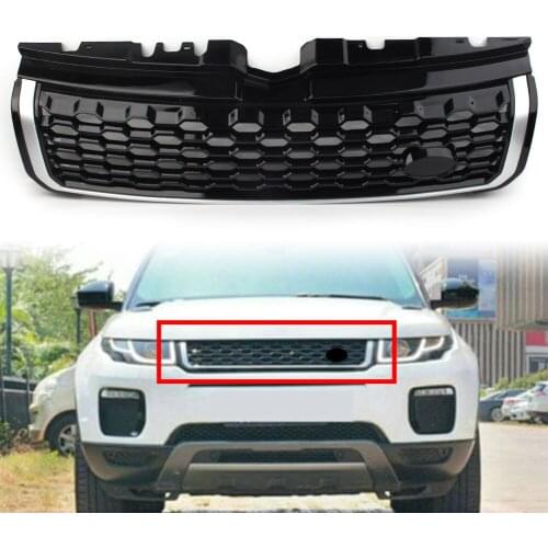 Car Front Grille Upper Grill w/ Logo For Land Rover Range Rover Evoque 2010 2011 2012 2013 2014 2015 2016 2017 2018 Black+Silver