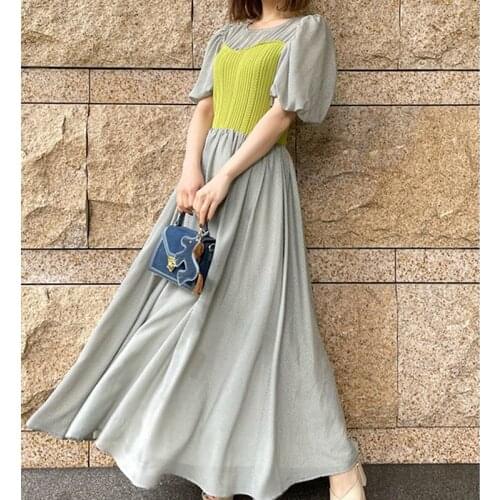 Patchwork Knit Fashion Dress Women High Waist Hip A Line Slim Vestidos O Neck Puff Short Sleeve Robe Summer 2021 New