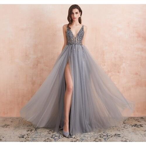 Sexy V-Neck Long Prom Dresses 2021 Beaded Beading Crystal High Splits Backless A-Line Wedding Evening Gown Party Dress 025