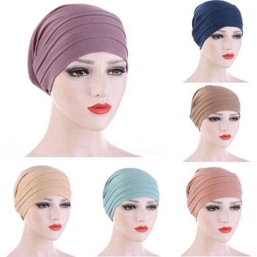 2021 New Elastic Fashion Turban Hat Solid Color Women Warm Winter Headscarf Bonnet Inner Hijabs Cap Muslim Hijab femme Wrap Head