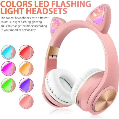 Cute LED Light Cat Ear Wireless Headphones Kids Girl Bluetooth 5.0 Music Stereo Headset Noise Cancelling Earphones With Mic Gift